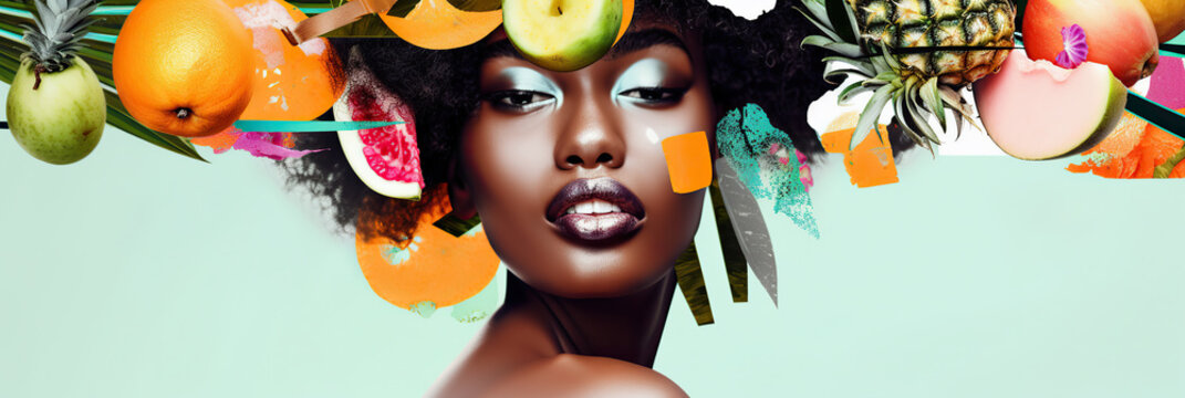 Creative generative AI illustration of crop confident young African American female model with bright makeup and assorted tropical fruits above head looking at camera against light green background