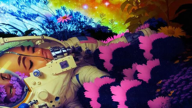 Generative AI animation of psychedelic sketch cartoon astronaut among flowers. Crazy colorful background.
