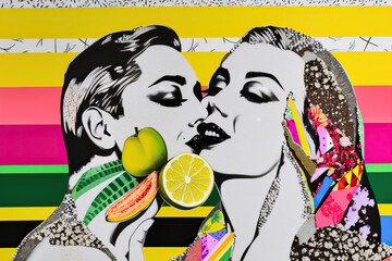 Generative AI pop art illustration of lesbian women with exotic fruits kissing on colorful striped background representing summer concept