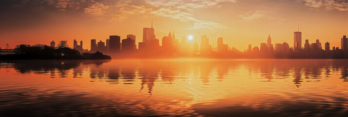 Fototapeta premium Beautiful Cityscape of Manhattan Reflecting in the River - generative ai