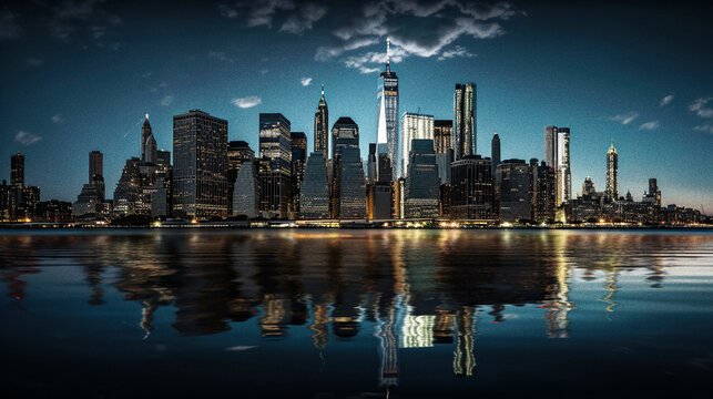  Nighttime Reflections of Manhattan's Beautiful Cityscape- generative ai