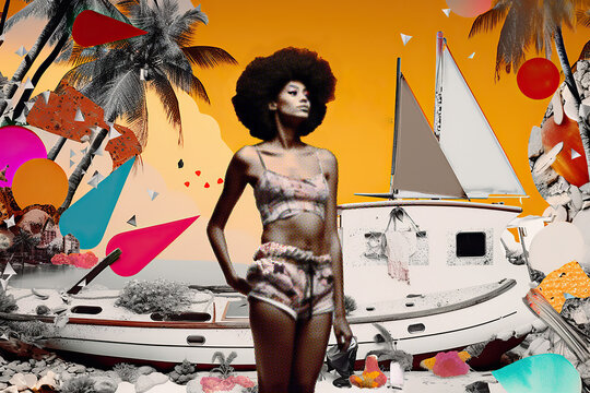 Generative AI illustration of Generative AI illustration of calm African American woman with Afro hairstyle in shorts and a bikini top standing near a bot representing summer concept