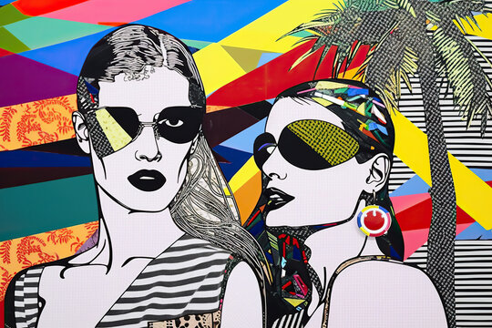 Generative AI pop art illustration of serious women in sunglasses against multicolored geometric background with palm tree representing concept of summer