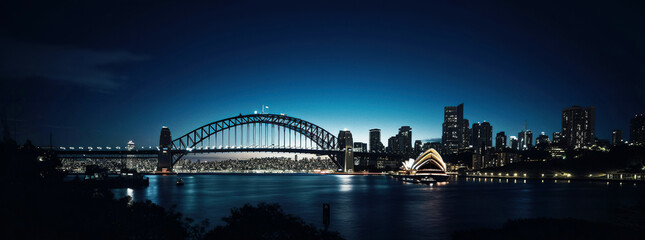 Naklejka premium Nighttime cityscape of Sydney with bridge in view - generative ai