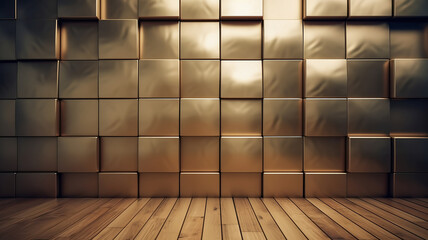 ilustración de un fondo con pared de cubos dorados y suelo de madera clara. IA generativa