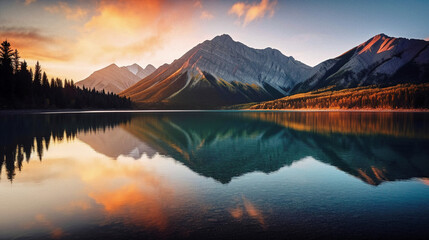 Fototapeta premium Snowy Mountain Reflection at Dusk - generative ai