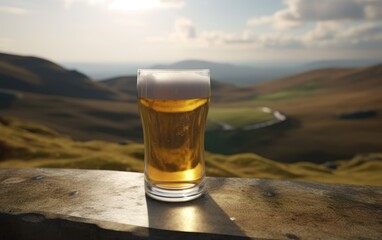 A glass of lager beer on a table on an England hills background light beer illustration Generative AI