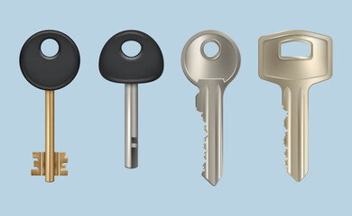 Realistic key. Metallic key for home door locks decent vector pictures realistic collection isolated