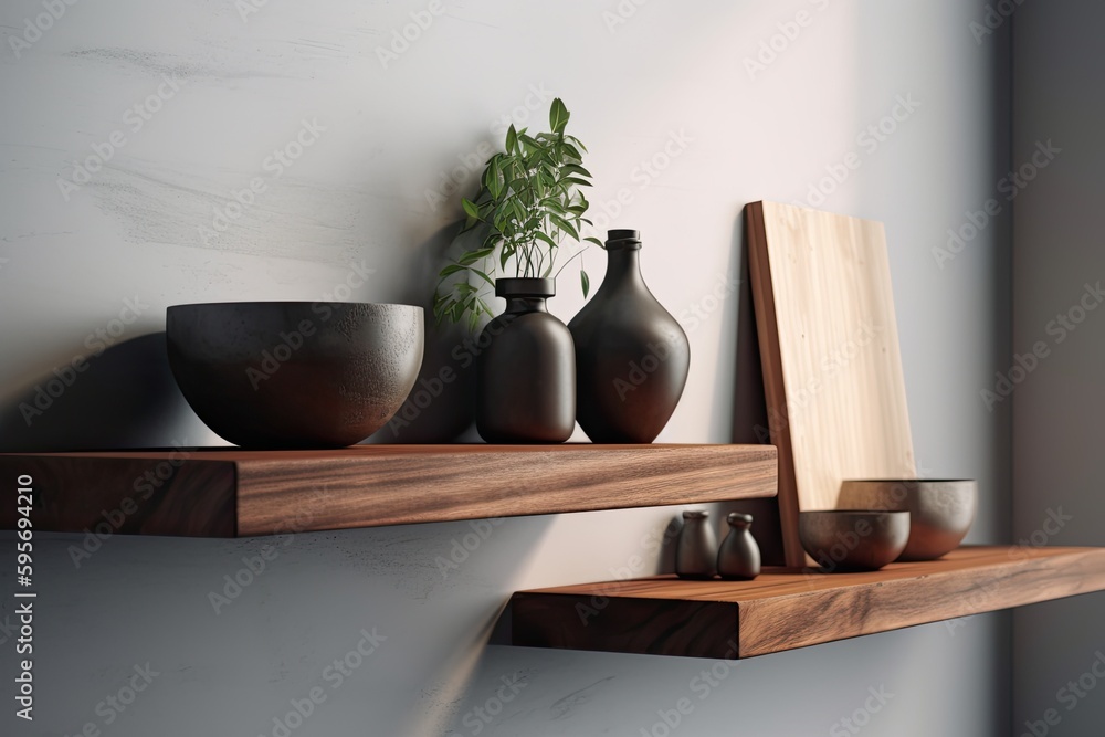 Poster multiple shelves displaying various types of decorative vases. generative ai