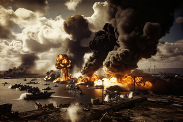 Devastation at Pearl Harbor: Japanese Air Strike on American Boats WWII - generative ai