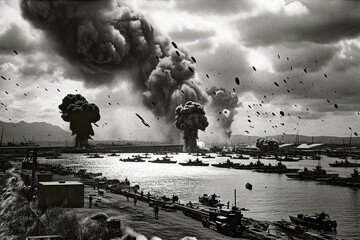 Devastation at Pearl Harbor: Japanese Air Strike on American Boats WWII - generative ai - obrazy, fototapety, plakaty