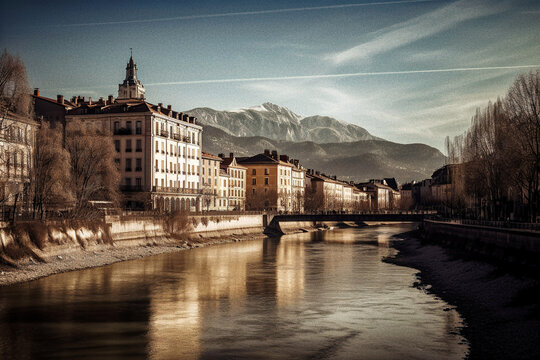 Cityscape reminiscent of grenoble, isère river flowing through buildings, alps in the background - generative ai