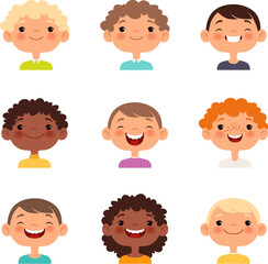 Happy boys faces. Preteen blond brunette brown hair and redhead laughing kids, smiling children friends portraits