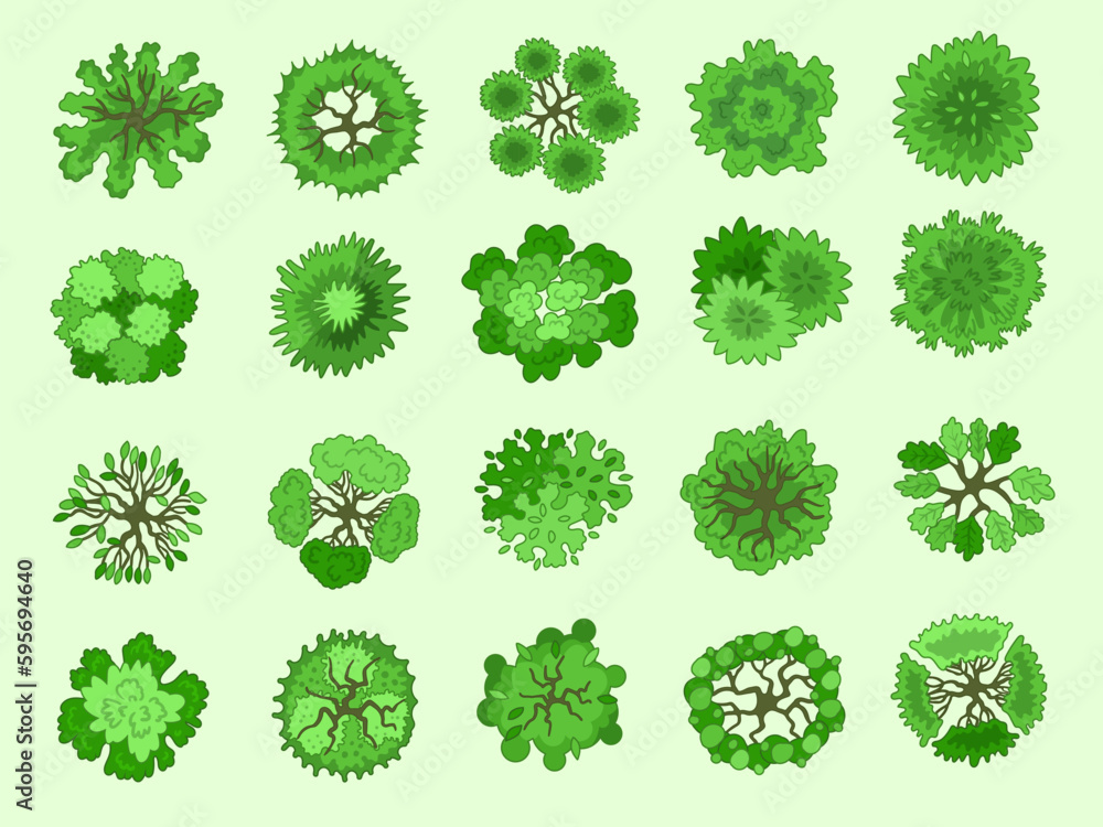 Poster tree top view. different green plants map top view cartoon items recent vector trees collection