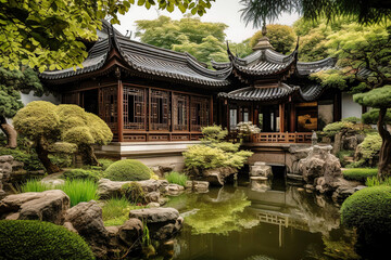 Fototapeta na wymiar Serene Chinese Tea House with Beautiful Garden - generative AI