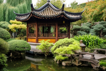 Serene Chinese Tea House with Beautiful Garden - generative AI