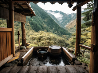 Japanese Onsen with a Mountain View - generative AI - obrazy, fototapety, plakaty