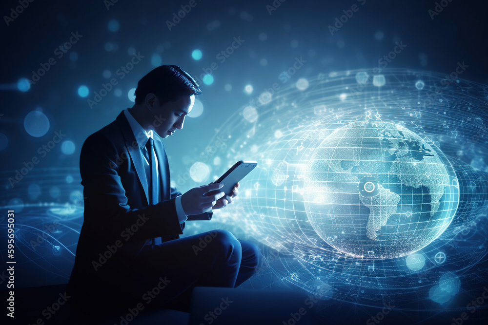 Poster businessman holding in hands tablet with glowing polygonal globe on background. concept of communica