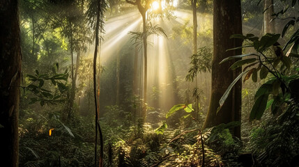 The Beauty of the Amazonian Forest with Sunrays and Soft Misty Light - generative AI