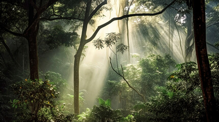 The Beauty of the Amazonian Forest with Sunrays and Soft Misty Light - generative AI
