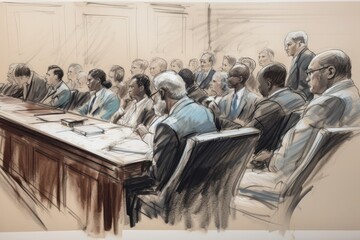 Illustration of a jury sitting in a courtroom, waiting to deliver a verdict. The jurors are depicted as a diverse group of individuals. generative AI - obrazy, fototapety, plakaty