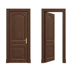 Classic wooden door closed and open isolated on transparent background. 3D rendering