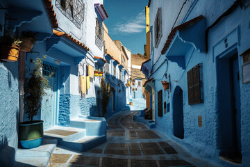 Fototapeta na wymiar The Blue Painted Walls and Narrow Alleys of Chefchaouen - generative AI