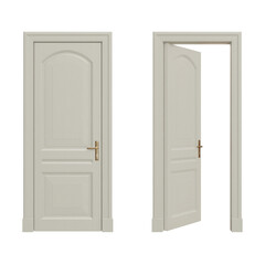 Classic white wooden door closed and open isolated on transparent background. 3D rendering