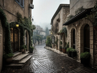 Rainy Day in a Saint Paul de Vence-style Village, France - generative AI