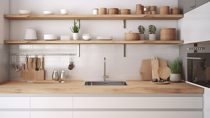 Fototapeta na wymiar Kitchen brass utensils, chef accessories. Hanging kitchen with white tiles wall and wood tabletop.Green plant on kitchen background generated ai 