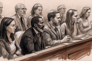 Illustration of a jury sitting in a courtroom, waiting to deliver a verdict. The jurors are depicted as a diverse group of individuals. generative AI - obrazy, fototapety, plakaty