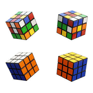 Rubik’s cube in different configurations isolated on transparent background. 3D rendering