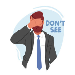 Mature Man Covering his Eyes Like Wise Monkey Do Not See Evil. Human Emotional Balance and Body Language Concept