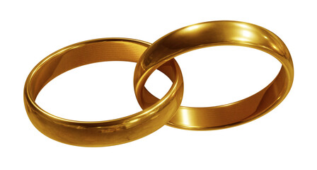 Interlocking gold wedding bands isolated on transparent background. 3D rendering