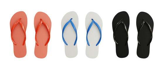 Pairs of flip-flop sandals isolated on transparent background. 3D rendering