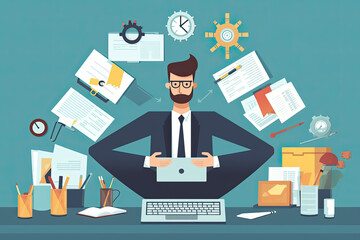 Entrepreneur with a new innovative idea cultivates it by multitasking his priorities.  He is surrounded by business ideas and tasks on hand.