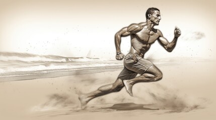 Fototapeta na wymiar Enthusiastic athlete running on a beach sketch style. Generative AI