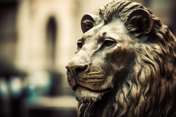 majestic lion statue standing in front of a grand building. Generative AI