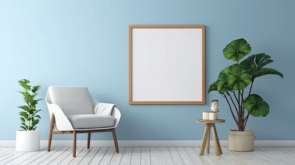 A blue living room with a blank empty painting frame on a wall. Generative AI