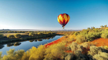 A colorful hot air balloon floating high in the sky over a picturesque landscape - generative AI