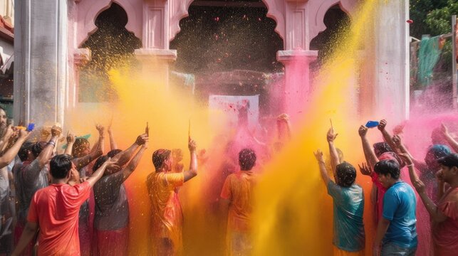 A crowd of people celebrates the  Songkran the Thai New Year by splashing colorful paint on each other. Generative AI