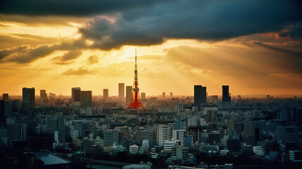 Obraz premium Tokyo Skyline at Sunset with Tokyo Tower - generative AI