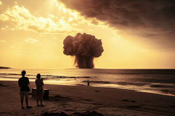 vintage photo of tourists watching nuclear explosion at sea from beach - generative AI