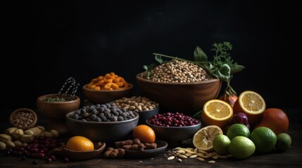 Fototapeta na wymiar Health food for fitness concept with fruit, vegetables, pulses, herbs, spices, nuts, grains and pulses on black background. Generative AI