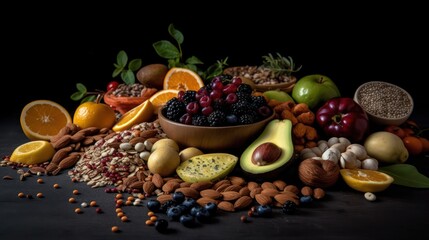 Fototapeta na wymiar Health food for fitness concept with fruit, vegetables, pulses, herbs, spices, nuts, grains and pulses on black background. Generative AI