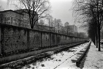 Remnants of Division: A Somber Black and White Photo of the Berlin Wall - generative AI