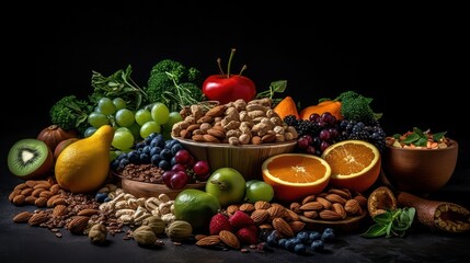 Health food for fitness concept with fruit, vegetables, pulses, herbs, spices, nuts, grains and pulses on black background. Generative AI