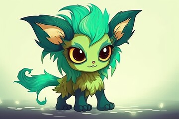 Fototapeta premium Cute Furry Animal with Big Eyes in Green and Yellow Colors. Generative AI