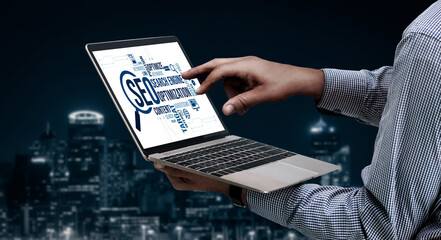 SEO search engine optimization for modish e-commerce and online retail business showing on computer...