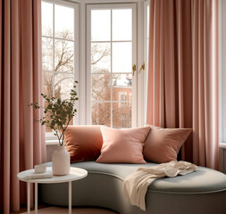 Loveseat with coral cushions against french window. Interior design of modern living room. Created with generative AI